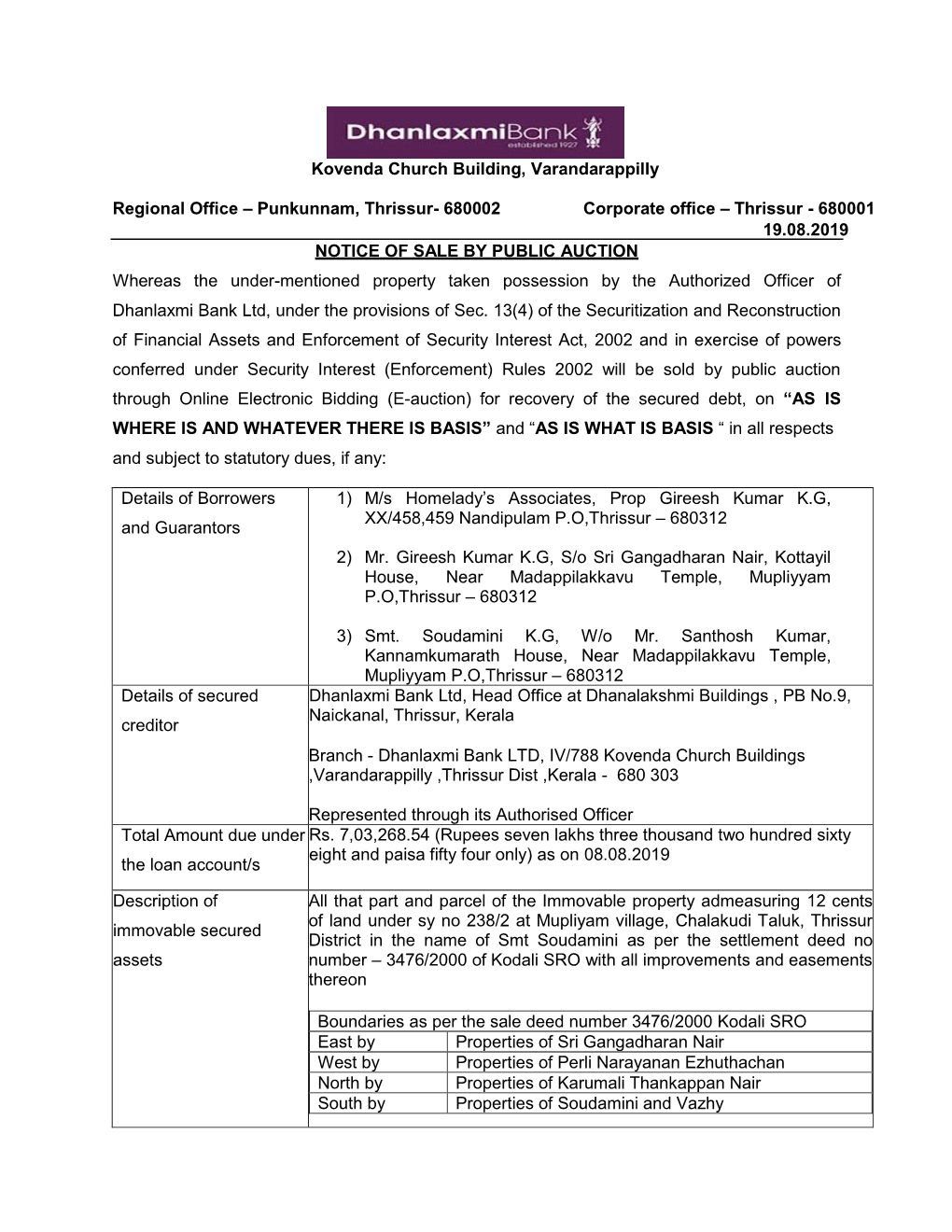 Thrissur- 680002 Corporate Office – Thrissur - 680001 19.08.2019