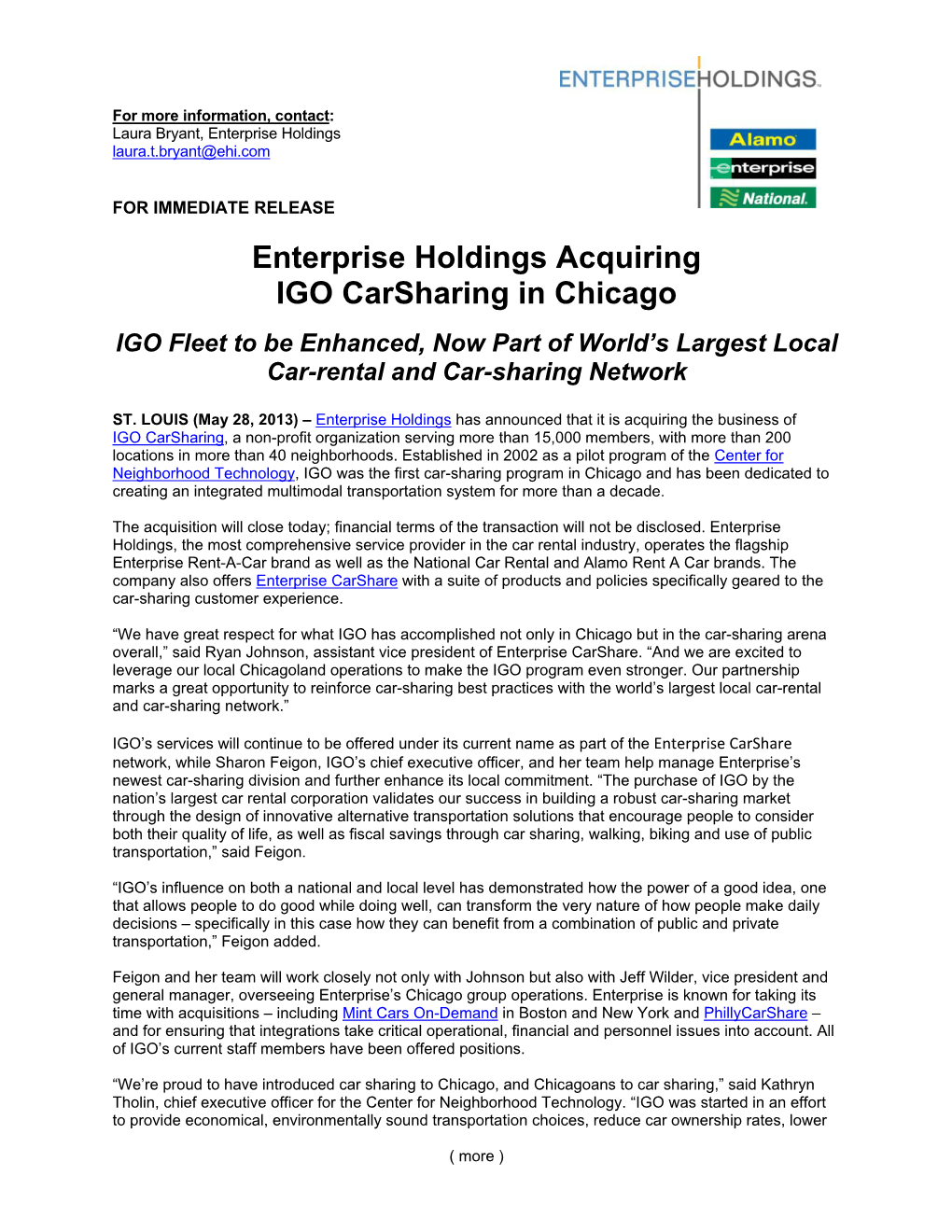 Enterprise Holdings Acquiring IGO Carsharing in Chicago