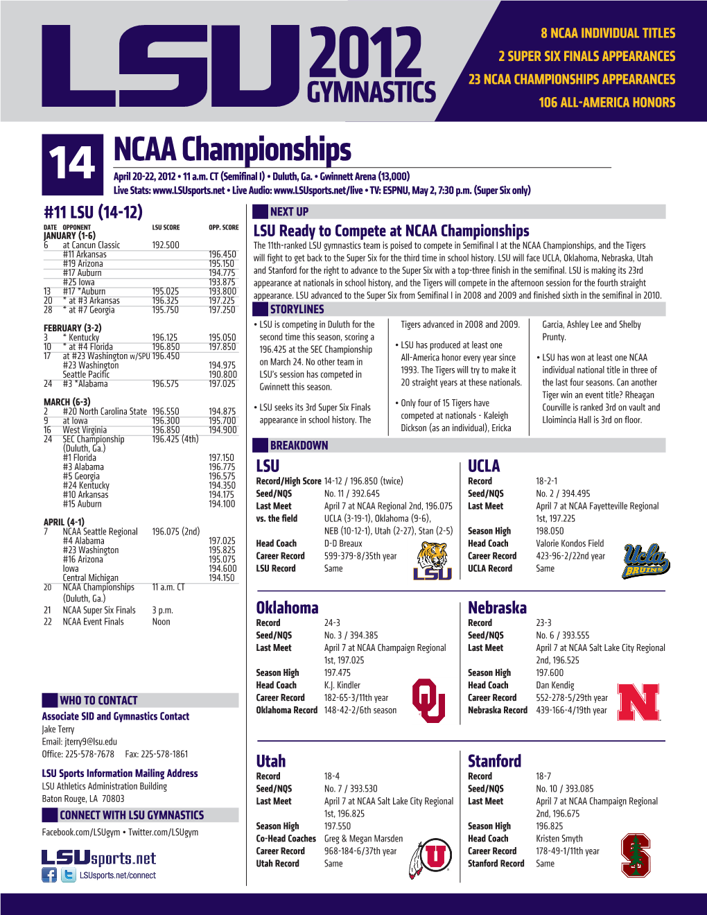 NCAA CHAMPIONSHIPS APPEARANCES LSU 106 ALL-AMERICA HONORS NCAA Championships 14 April 20-22, 2012 • 11 A.M