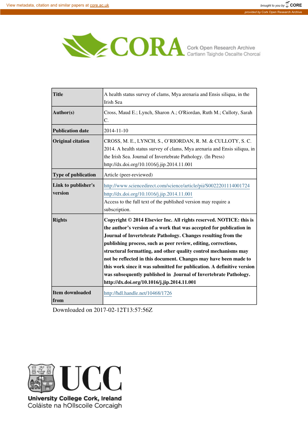 Downloaded on 2017-02-12T13:57:56Z a Health Status Survey of Clams, Mya Arenaria and Ensis Siliqua, in the Irish Sea