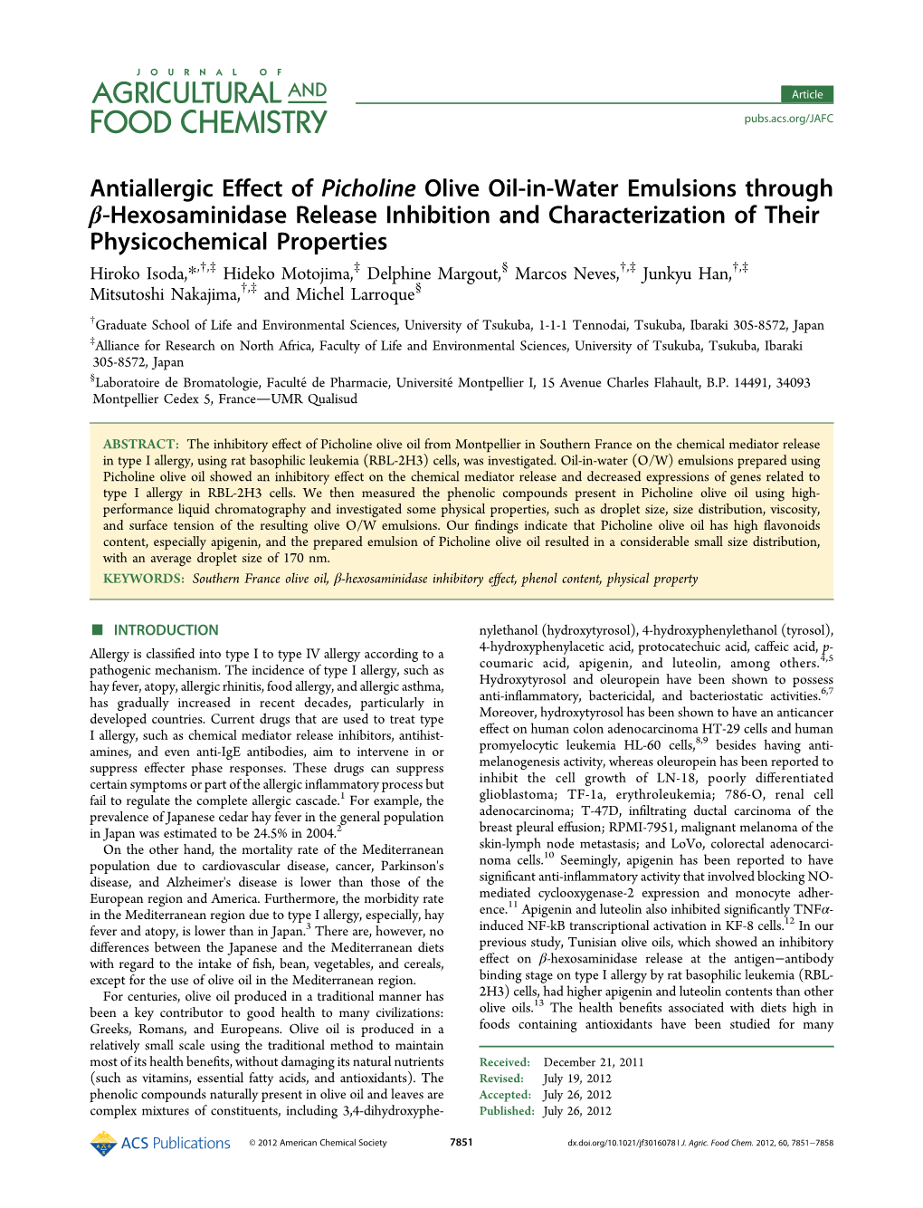 Antiallergic Effect of Picholine Olive Oil-In-Water Emulsions Through Β