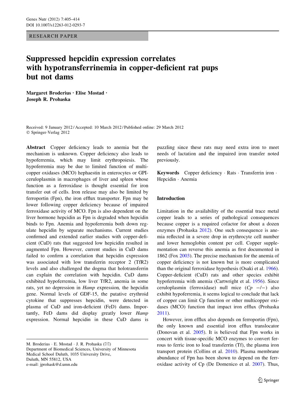 Suppressed Hepcidin Expression Correlates with Hypotransferrinemia in Copper-Deﬁcient Rat Pups but Not Dams