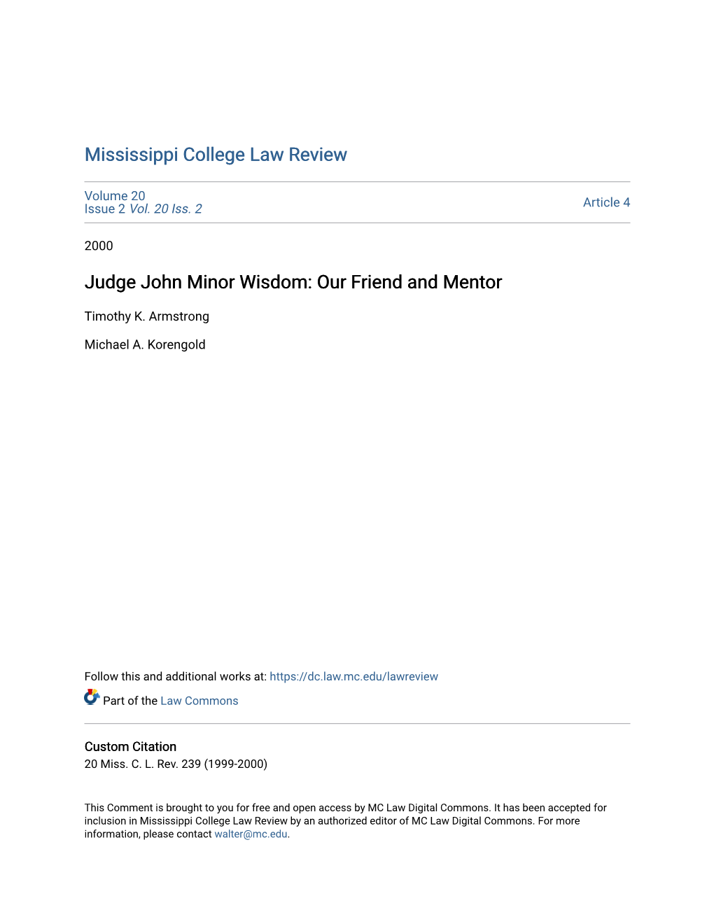 Judge John Minor Wisdom: Our Friend and Mentor