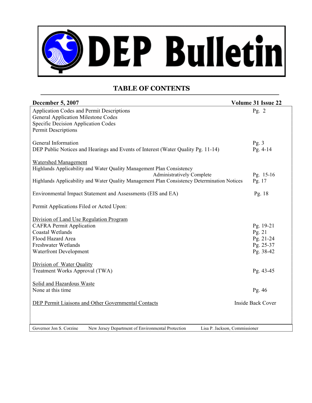 NJDEP-DEP Bulletin, 12/5/2007 Issue