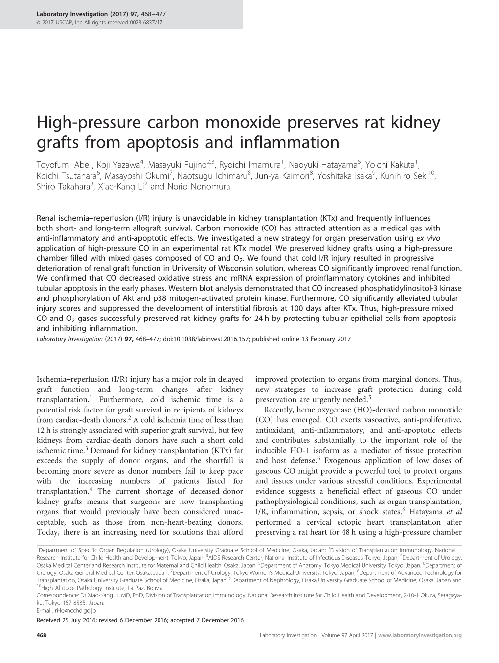 High-Pressure Carbon Monoxide Preserves Rat Kidney Grafts