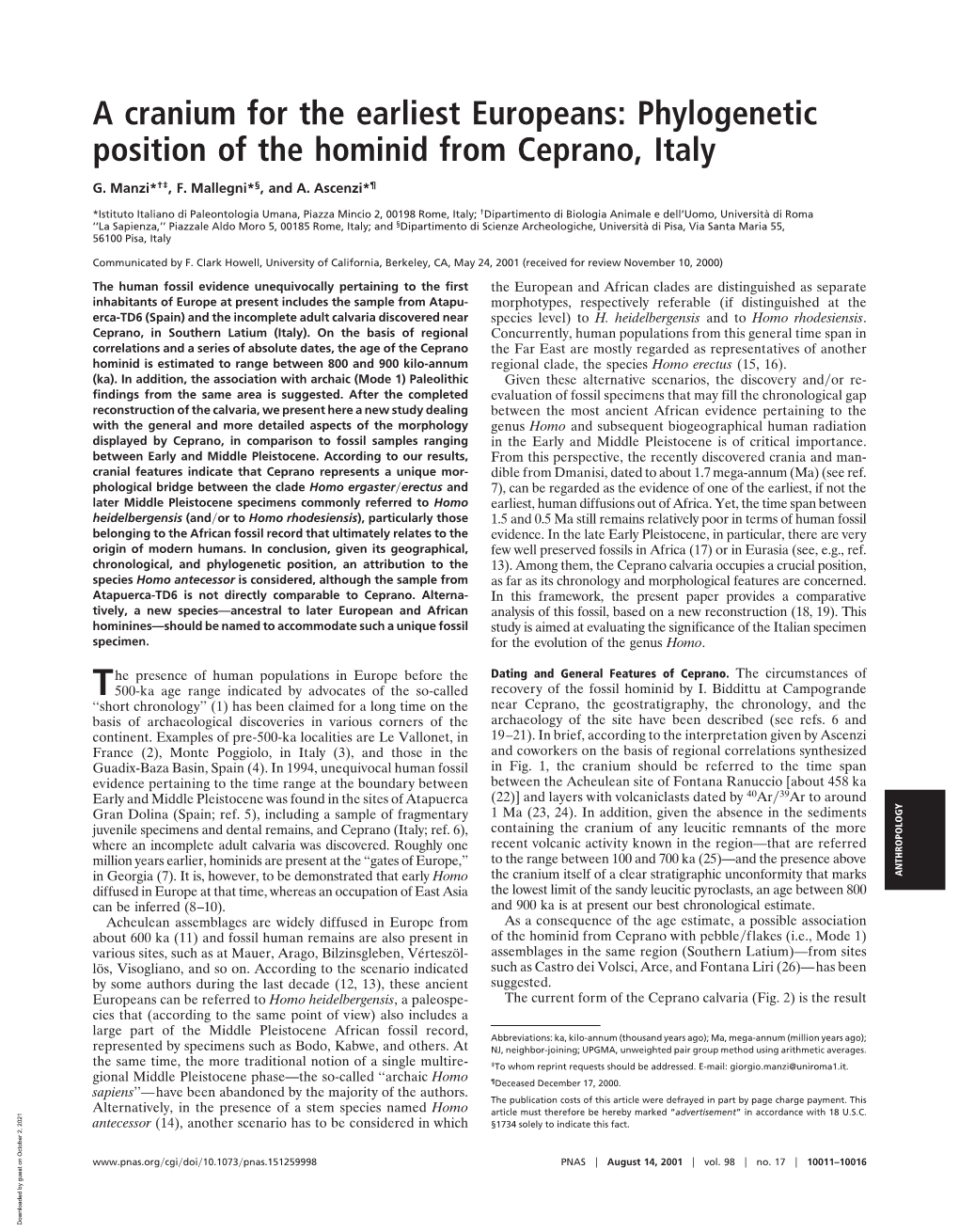 Phylogenetic Position of the Hominid from Ceprano, Italy