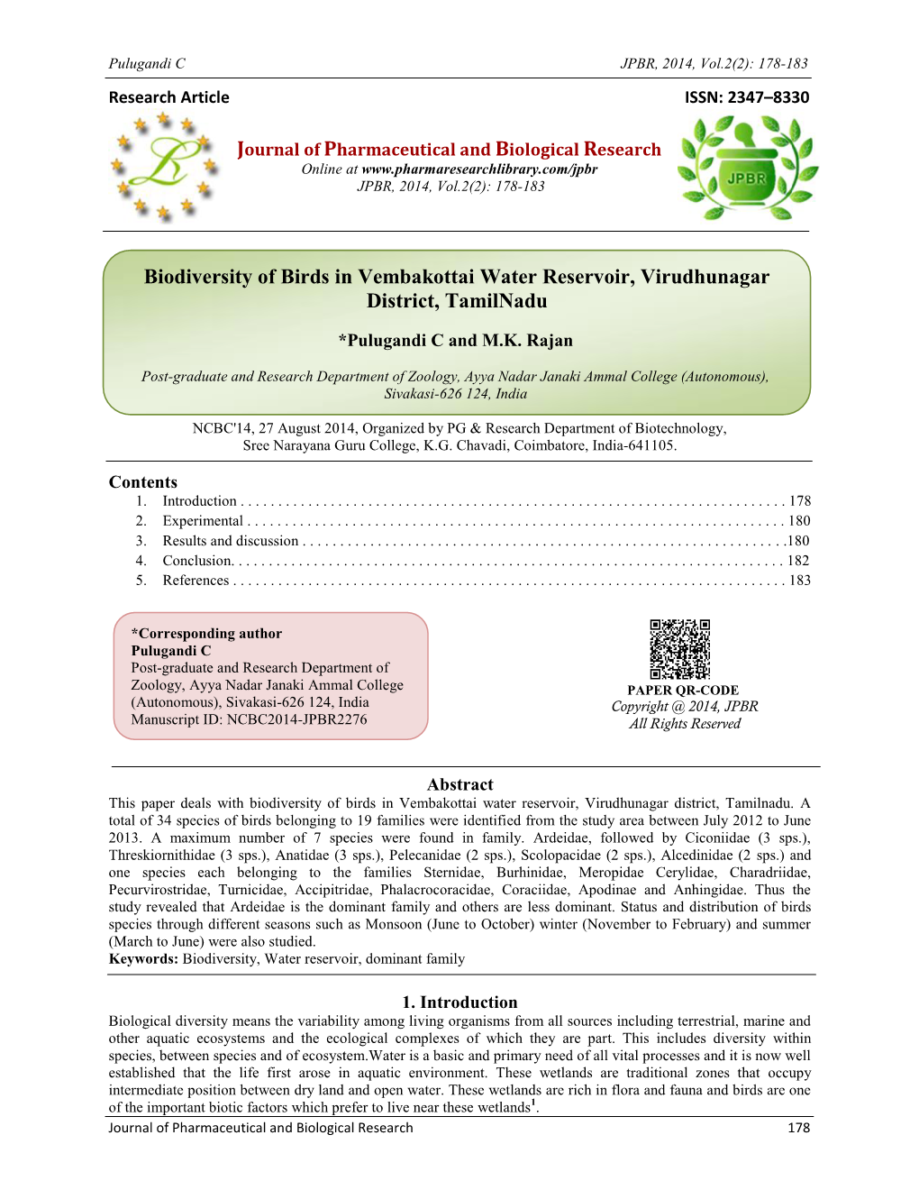 Biodiversity of Birds in Vembakott District, T Y of Birds in Vembakottai Water Reservoir, Virudhunagar District, Tamilnadu Rvoir