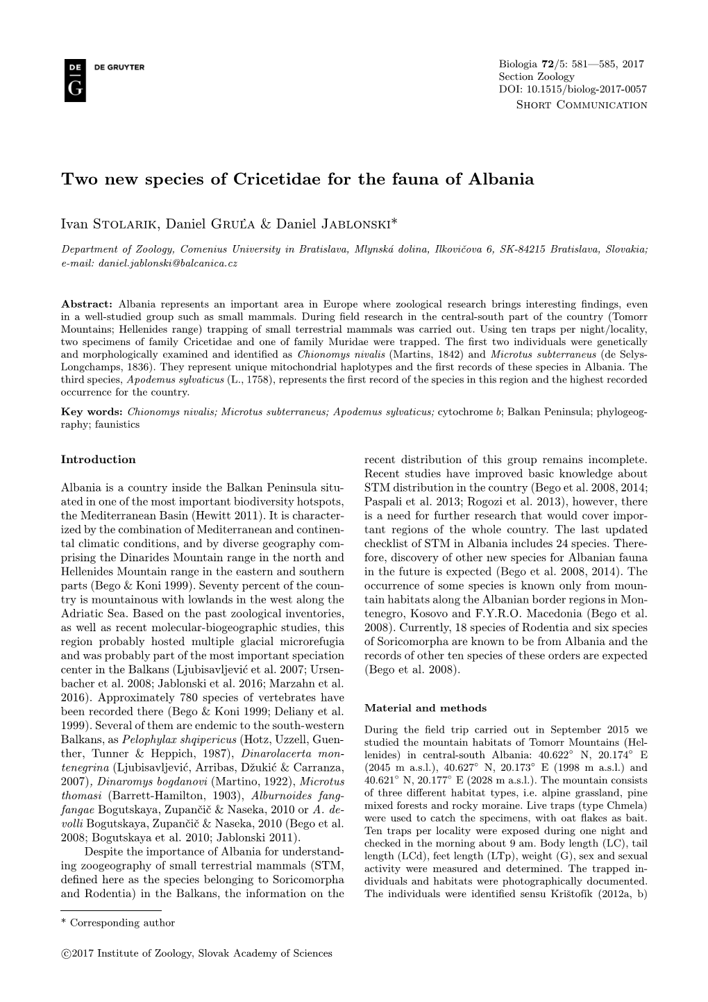 Two New Species of Cricetidae for the Fauna of Albania