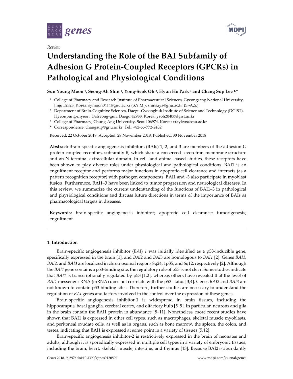 Understanding the Role of the BAI Subfamily of Adhesion G Protein-Coupled Receptors (Gpcrs) in Pathological and Physiological Conditions