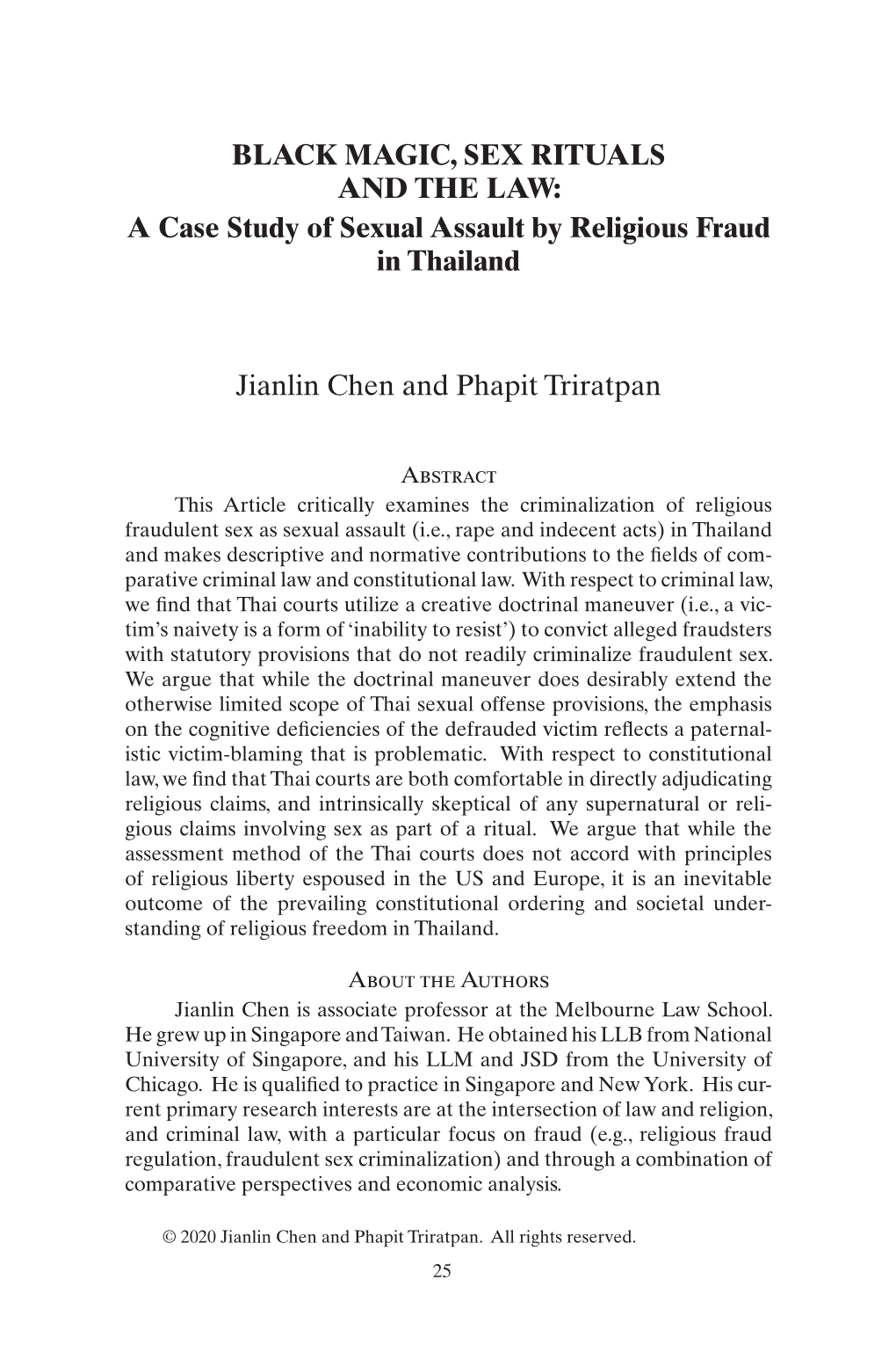 BLACK MAGIC, SEX RITUALS and the LAW: a Case Study of Sexual Assault by Religious Fraud in Thailand