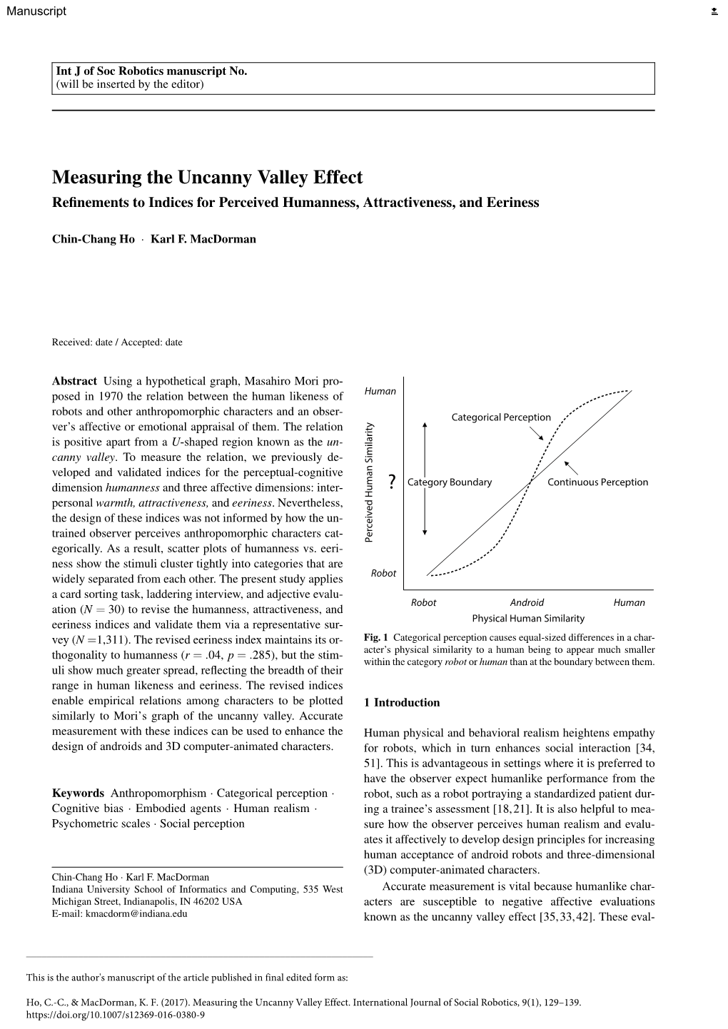 Measuring the Uncanny Valley Effect Reﬁnements to Indices for Perceived Humanness, Attractiveness, and Eeriness