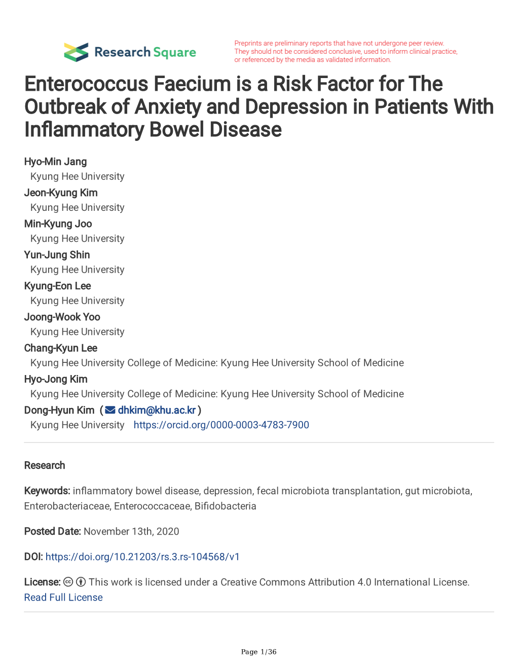 Enterococcus Faecium Is a Risk Factor for the Outbreak of Anxiety and Depression in Patients with Infammatory Bowel Disease