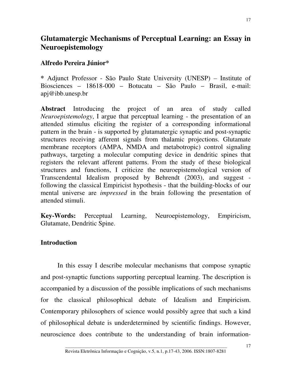 Glutamatergic Mechanisms of Perceptual Learning: an Essay in Neuroepistemology