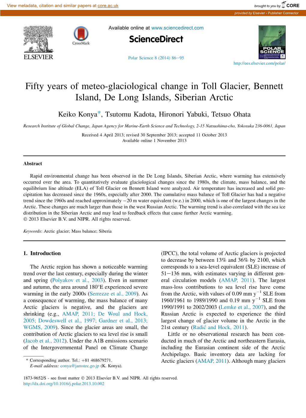 Fifty Years of Meteo-Glaciological Change in Toll Glacier, Bennett Island, De Long Islands, Siberian Arctic