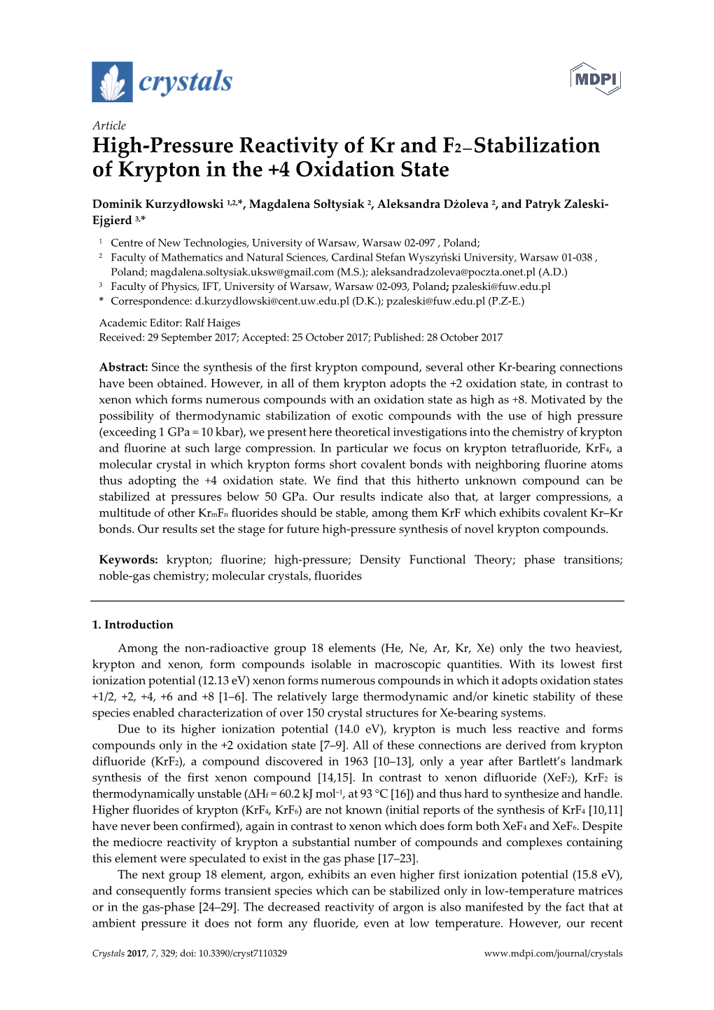 High-Pressure Reactivity of Kr and F2—Stabilization of Krypton in the +4 Oxidation State