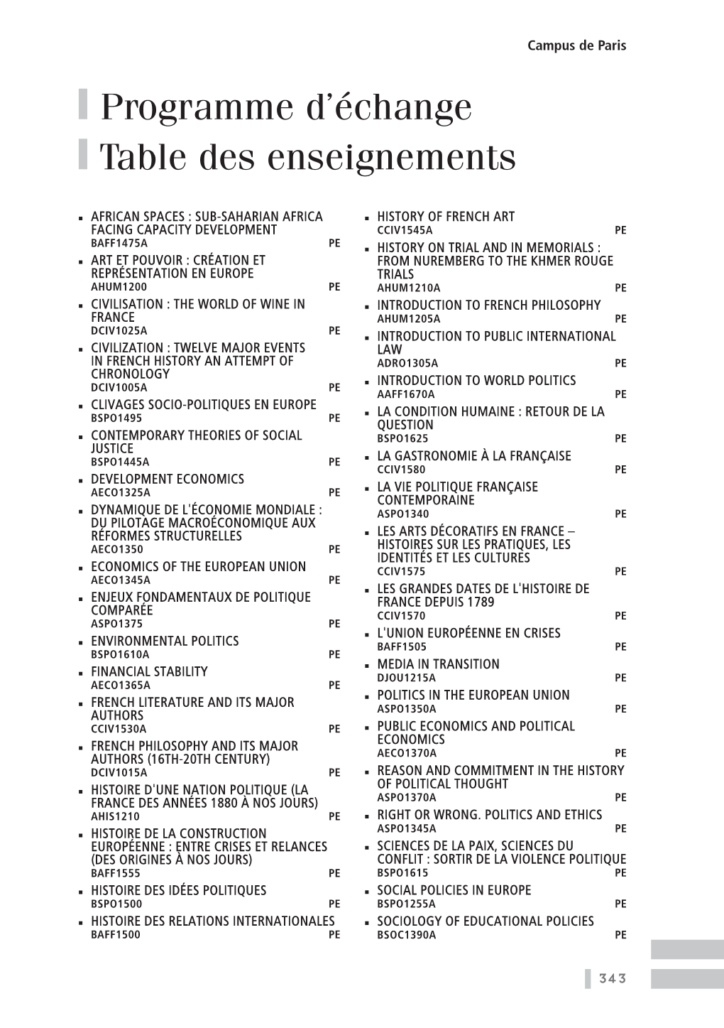 Programme D'échange Table Des Enseignements