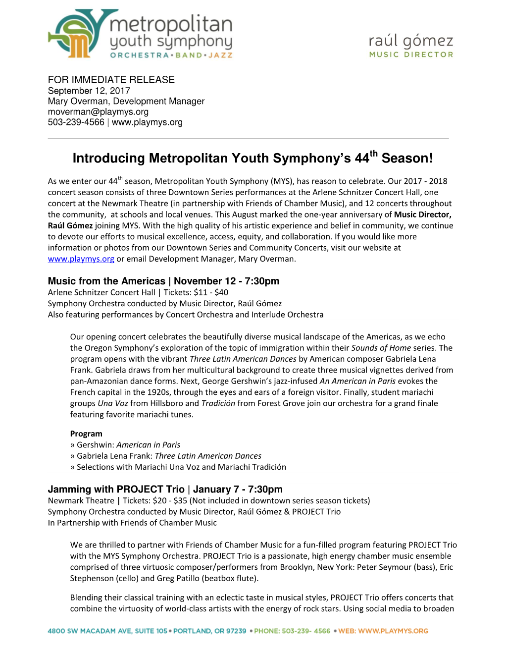 Introducing Metropolitan Youth Symphony's 44 Season!