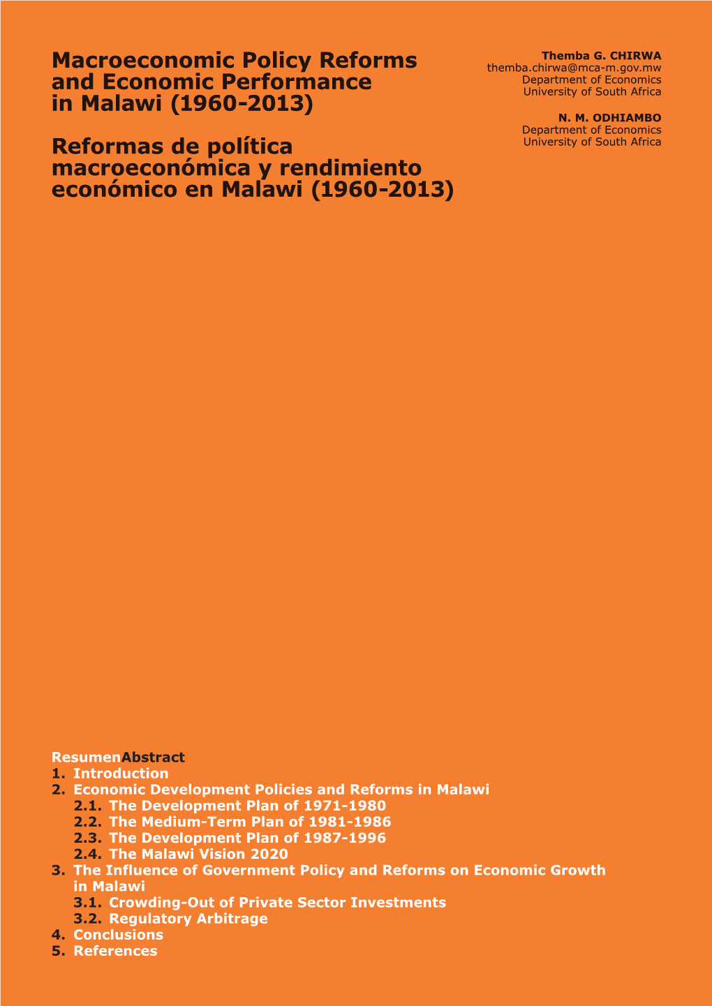 Macroeconomic Policy Reforms and Economic Performance in Malawi (1960-2013)