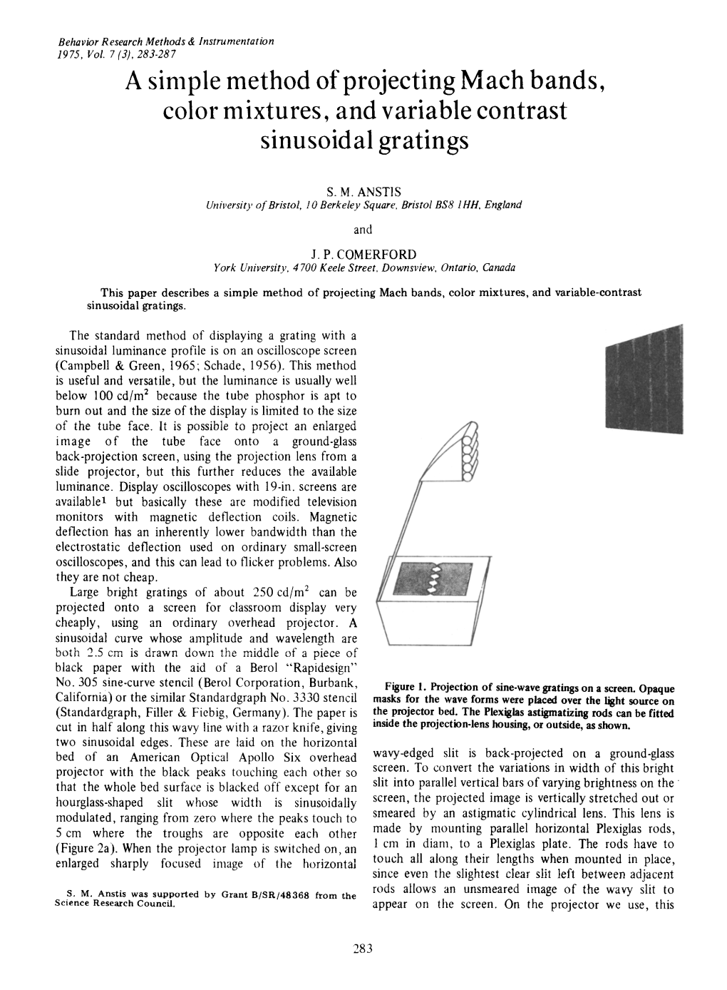 A Simple Method of Projecting Mach Bands, Color Mixtures, and Variable Contrast Sinusoidalgratings