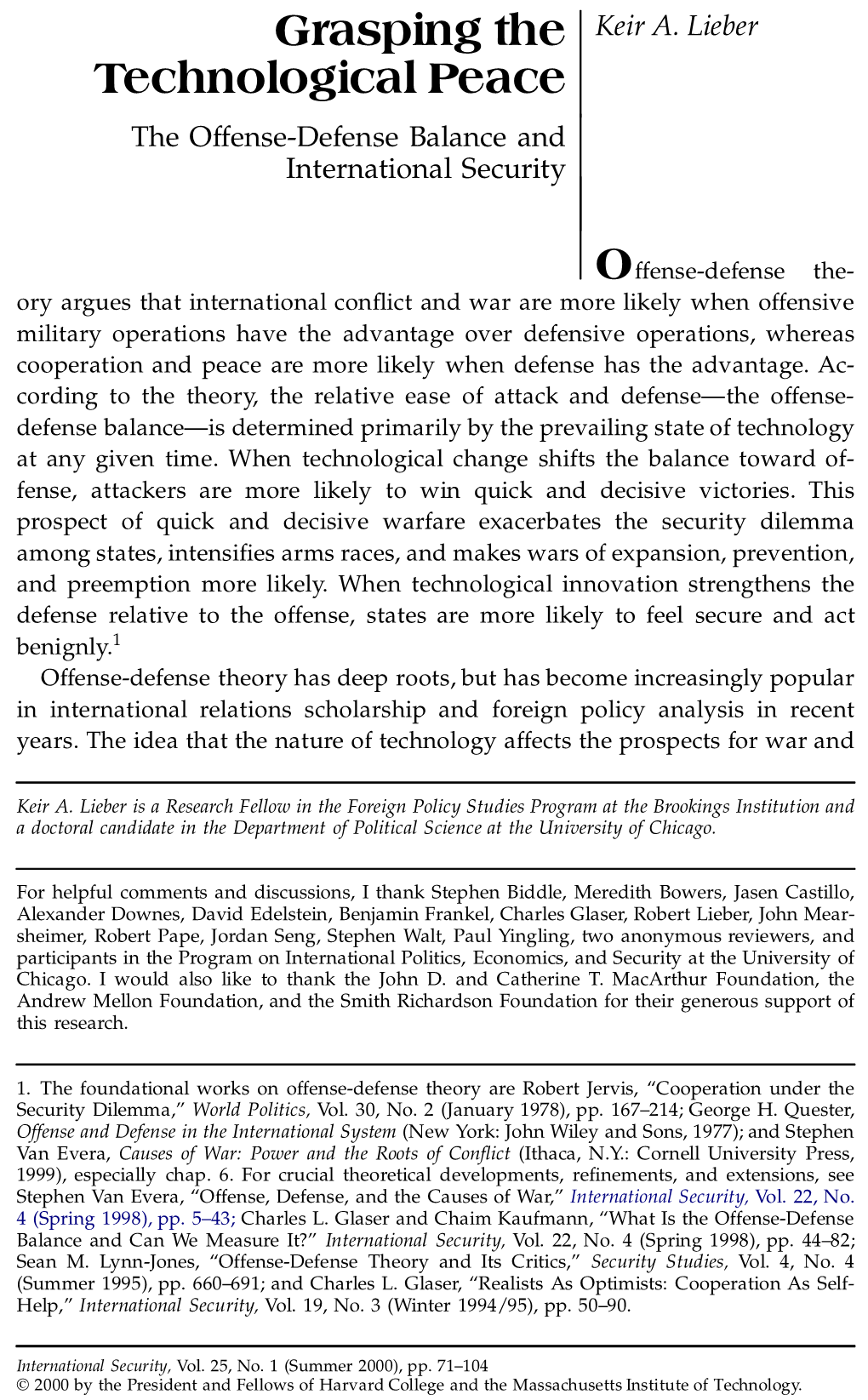 Grasping the Technological Peace: the Offense-Defense Balance And