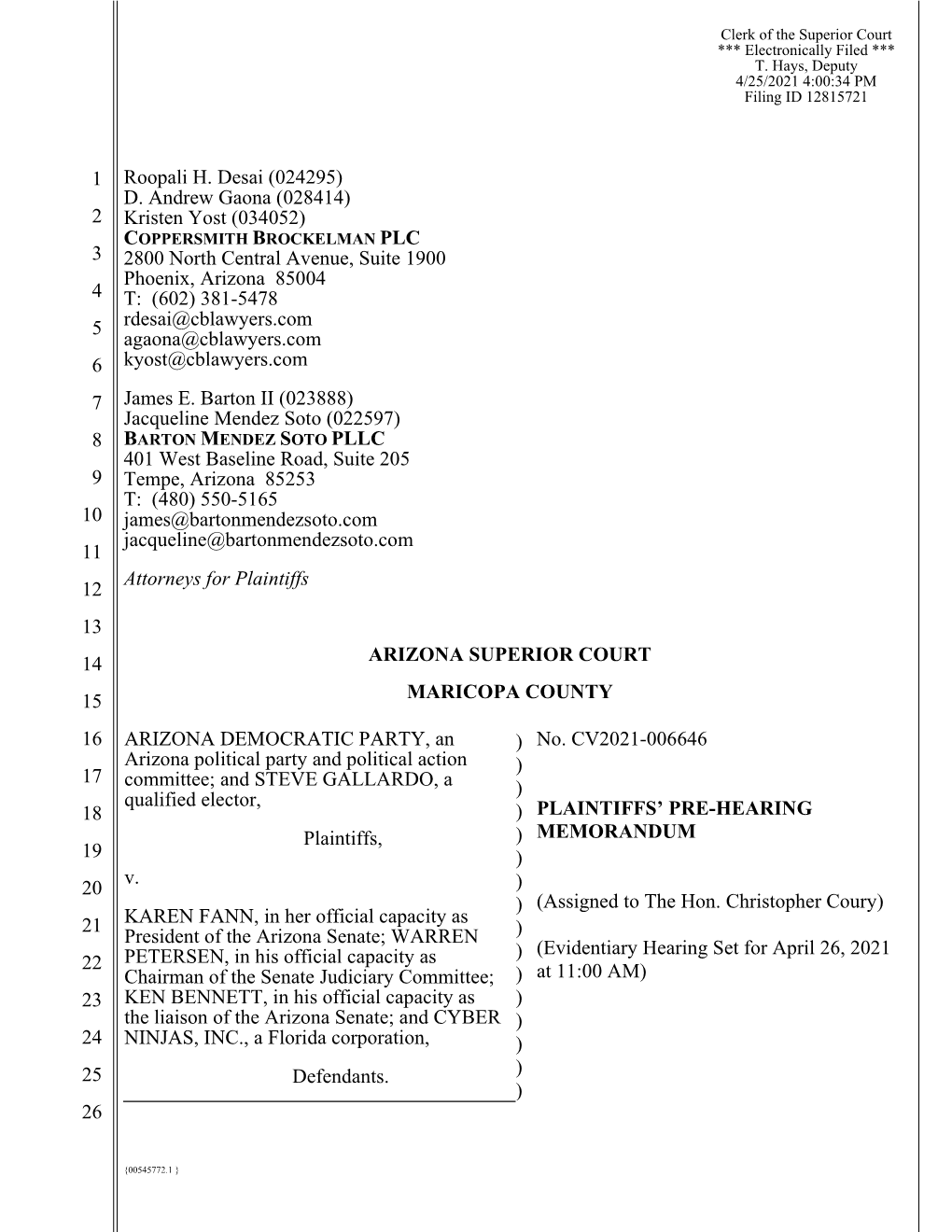 Plaintiffs' Pre-Hearing Memorandum