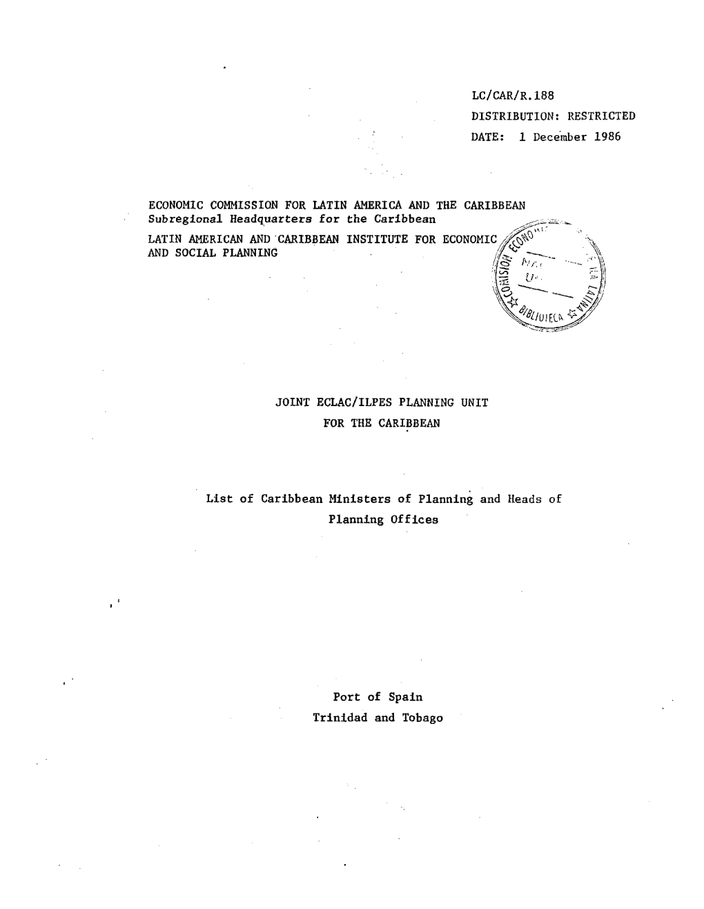 1 December 1986 ECONOMIC COMMISSION