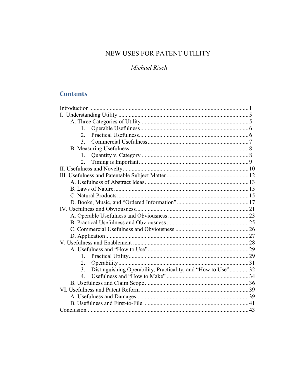 NEW USES for PATENT UTILITY Contents