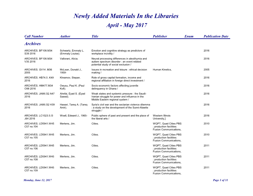 Newly Added Materials in the Libraries April - May 2017