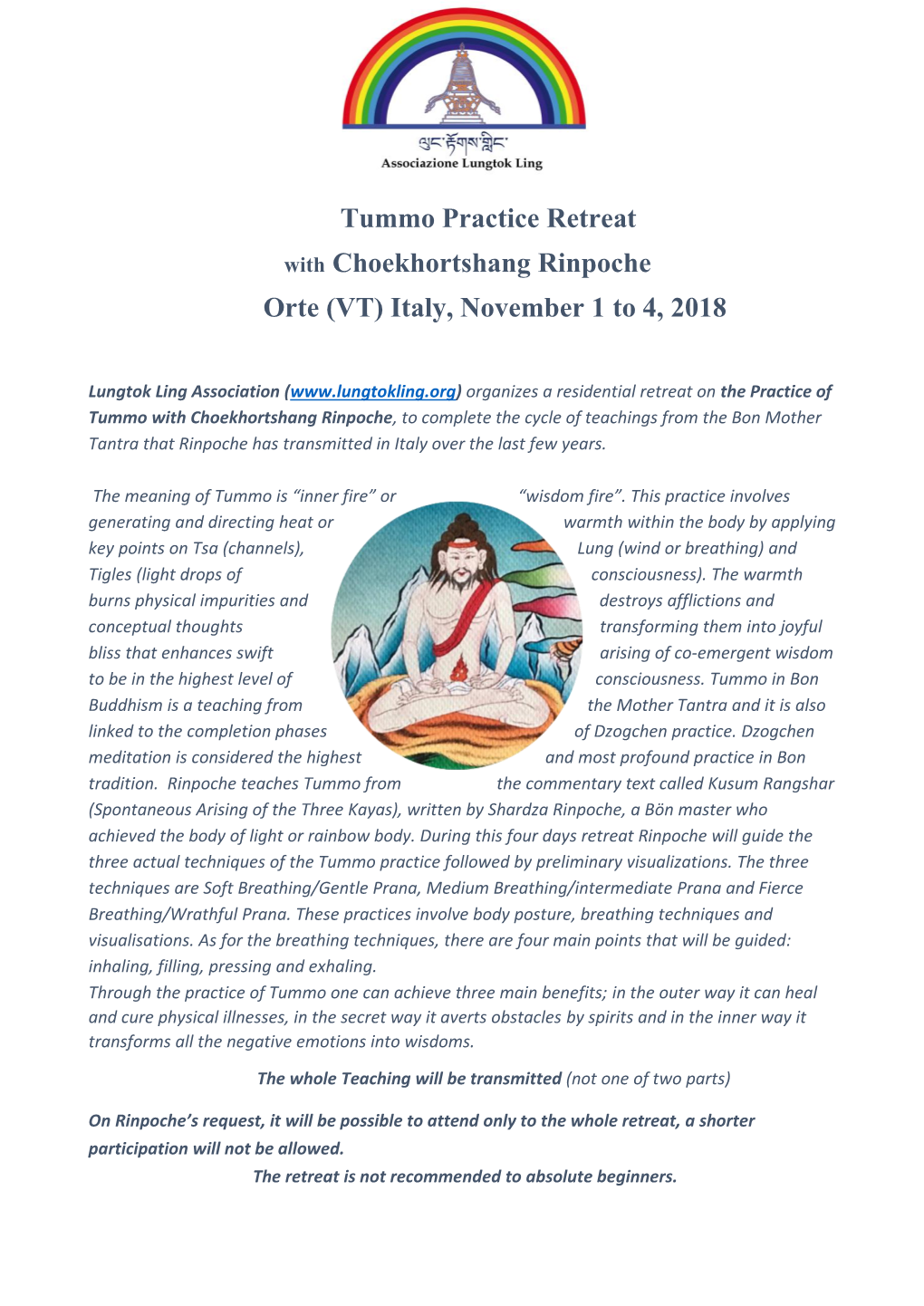Tummo Practice Retreat with Choekhortshang Rinpoche Orte (VT) Italy, November 1 to 4, 2018