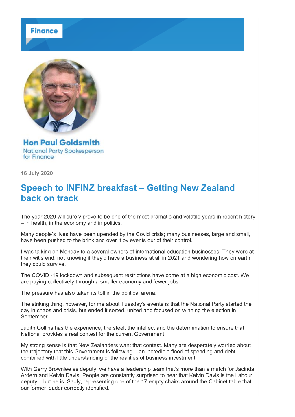 Speech to INFINZ Breakfast – Getting New Zealand Back on Track