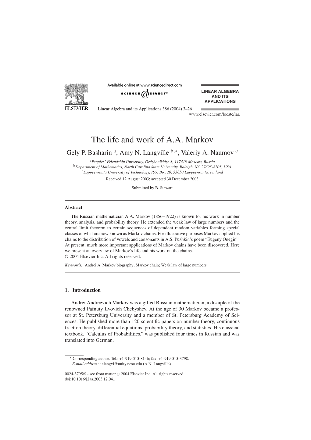 The Life and Work of A.A. Markov Gely P