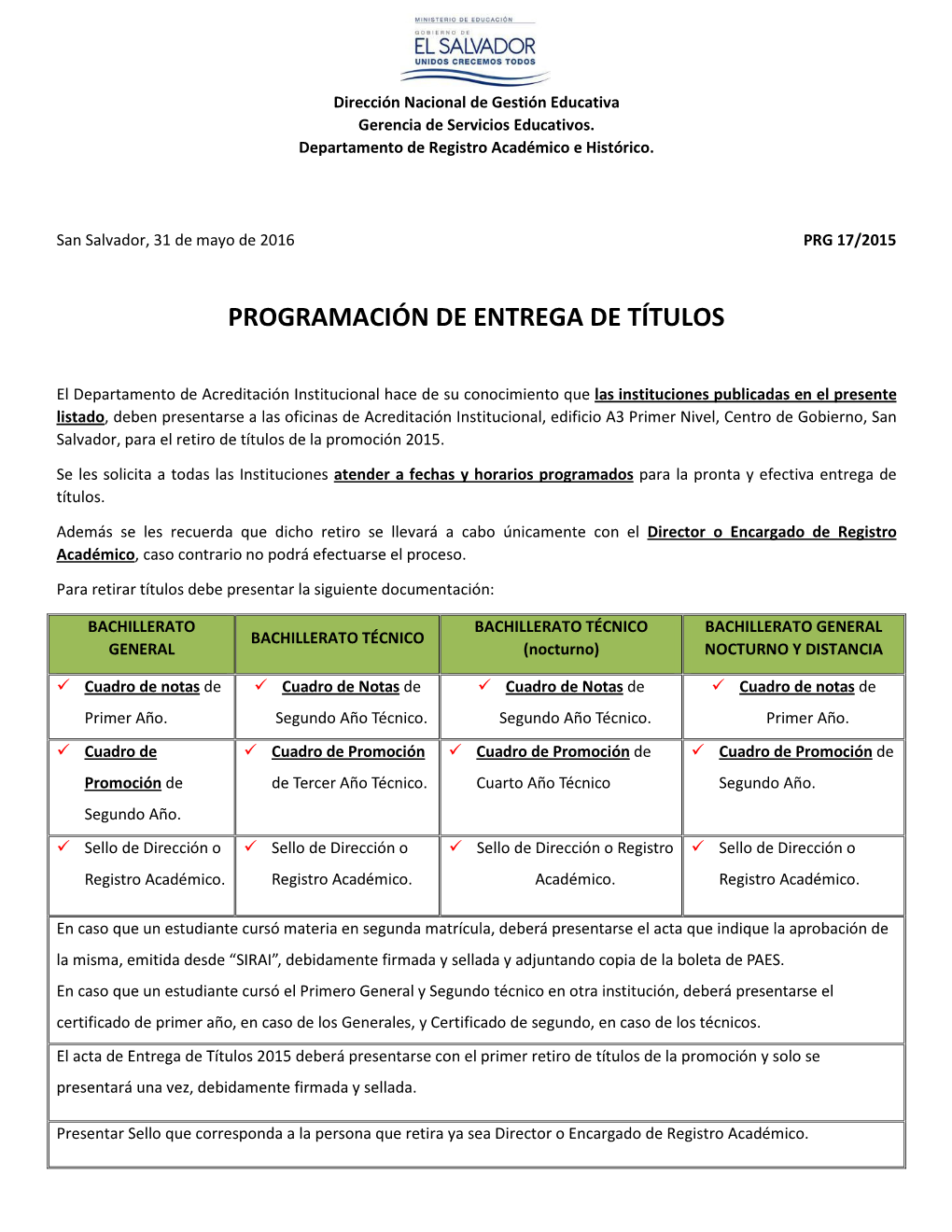 Programación De Entrega De Títulos