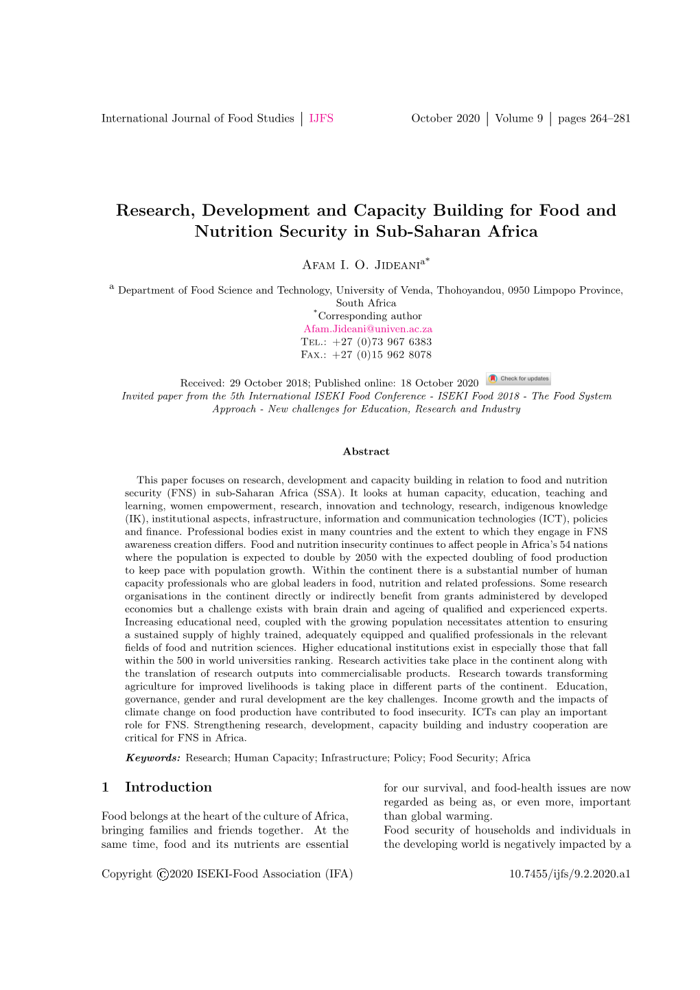 Research, Development and Capacity Building for Food and Nutrition Security in Sub-Saharan Africa