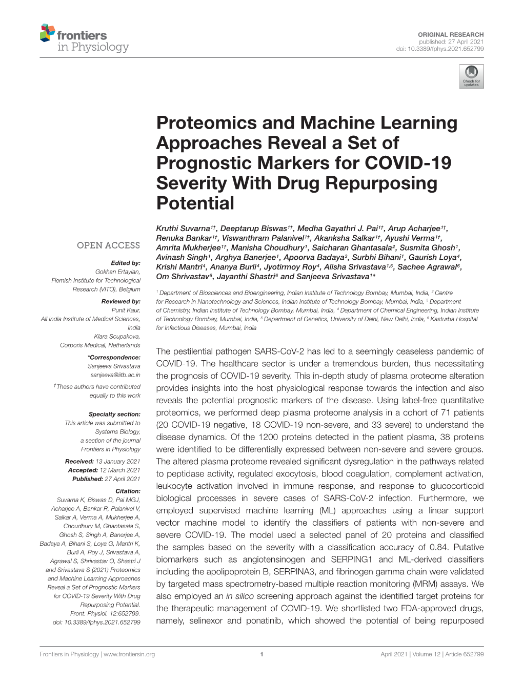 Proteomics and Machine Learning Approaches Reveal a Set of Prognostic Markers for COVID-19 Severity with Drug Repurposing Potential