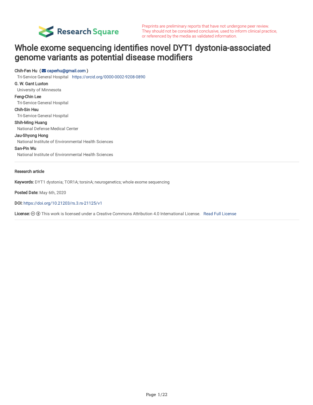 Whole Exome Sequencing Identifies Novel DYT1 Dystonia-Associated