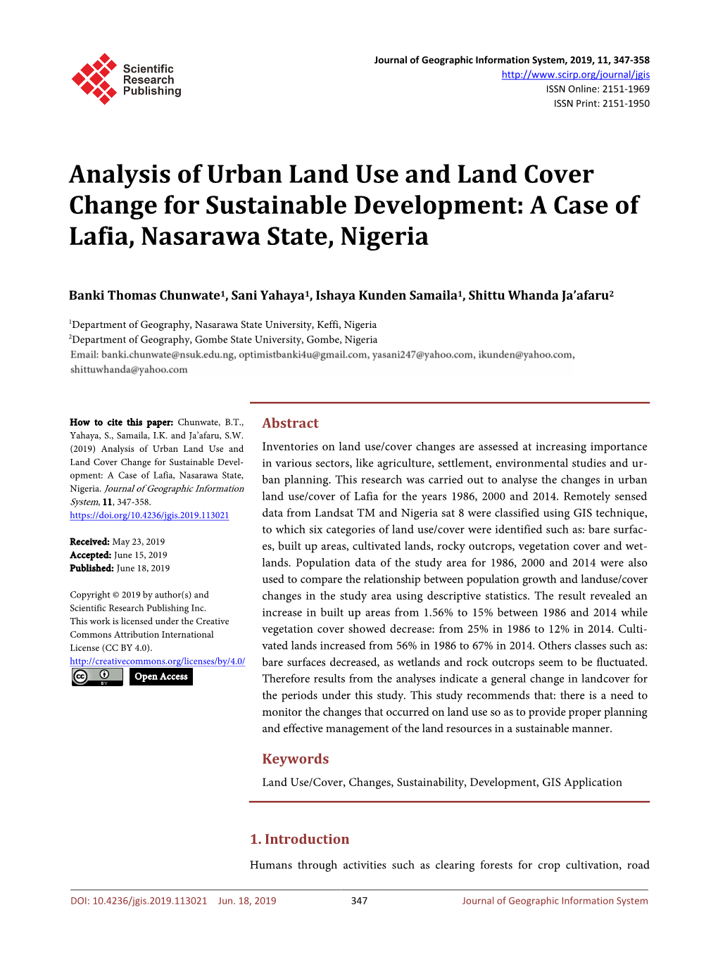 A Case of Lafia, Nasarawa State, Nigeria