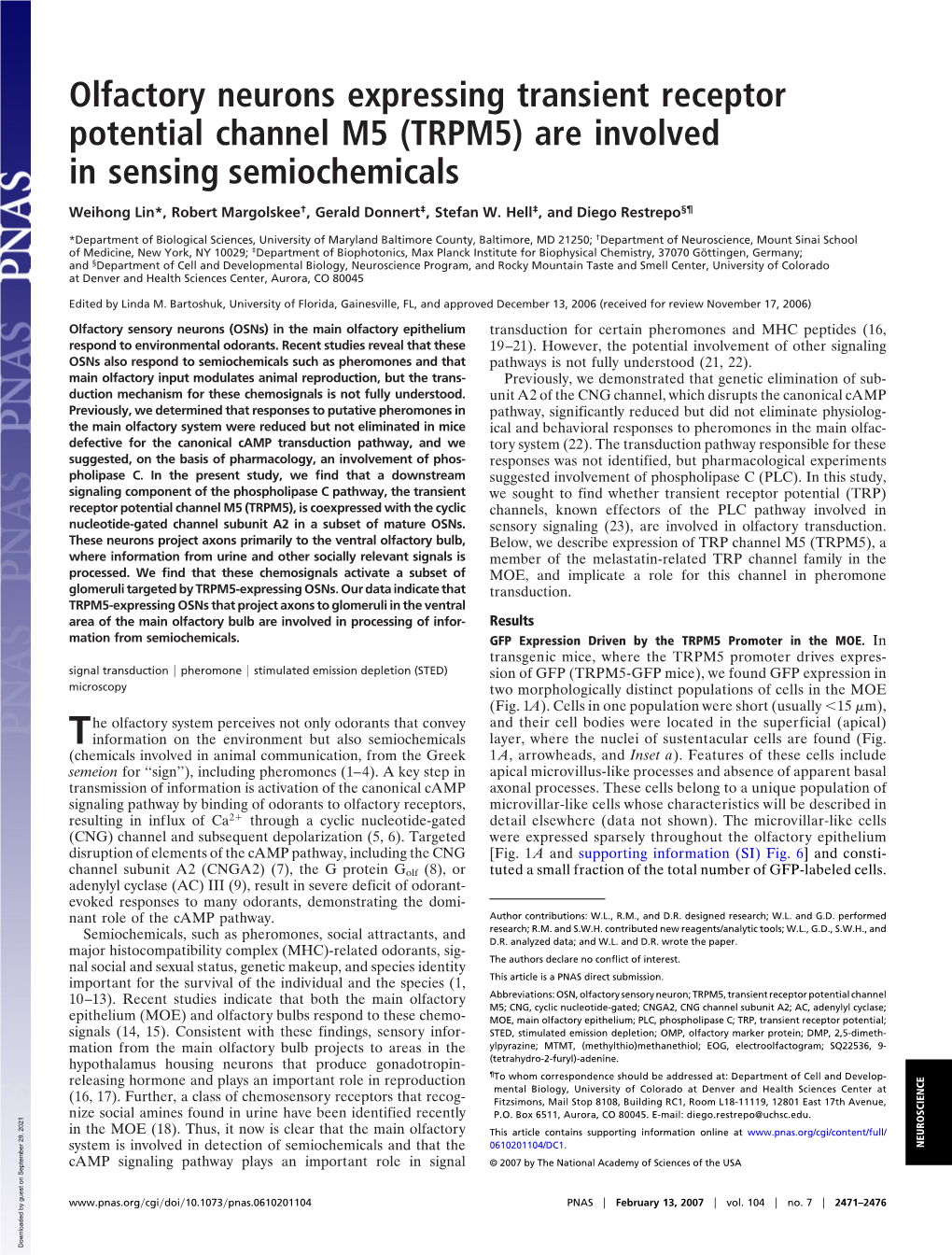 TRPM5) Are Involved in Sensing Semiochemicals