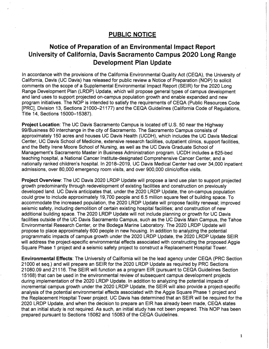 University of California, Davis Sacramento Campus 2020 Long Range Development Plan Update