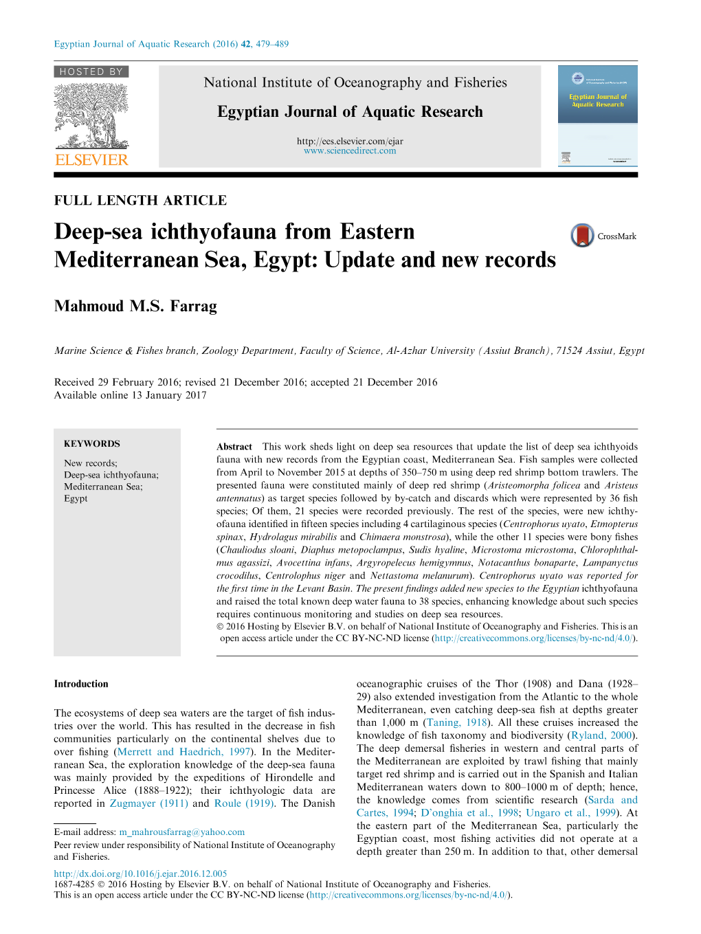 Deep-Sea Ichthyofauna from Eastern Mediterranean Sea, Egypt: Update and New Records