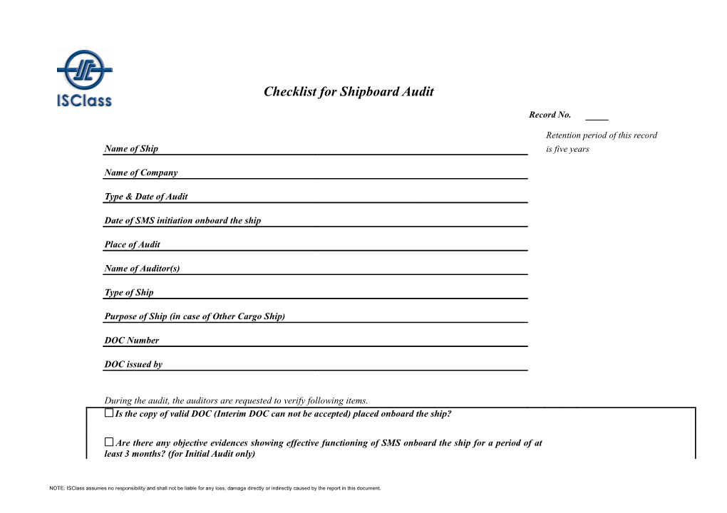 Checklist for Shipboard Audit