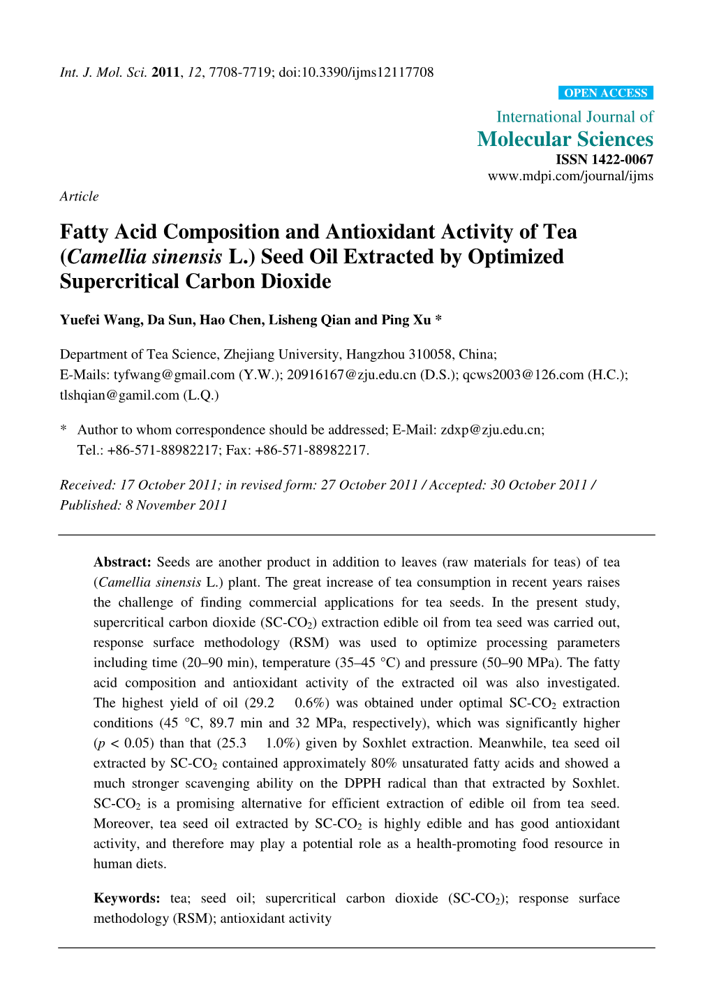 Fatty Acid Composition and Antioxidant Activity of Tea (Camellia Sinensis L.) Seed Oil Extracted by Optimized Supercritical Carbon Dioxide