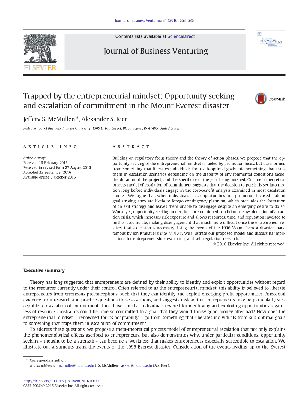 Trapped by the Entrepreneurial Mindset: Opportunity Seeking and Escalation of Commitment in the Mount Everest Disaster