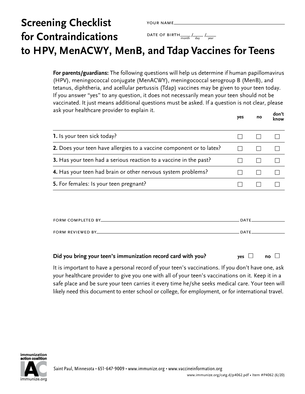 At Screening Checklist for Contraindications to HPV