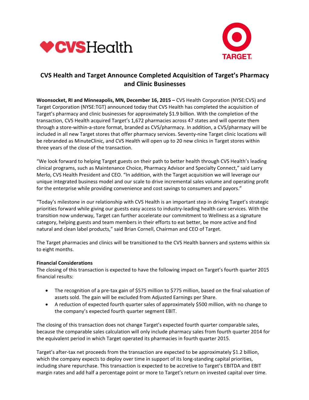 CVS Health and Target Announce Completed Acquisition of Target's
