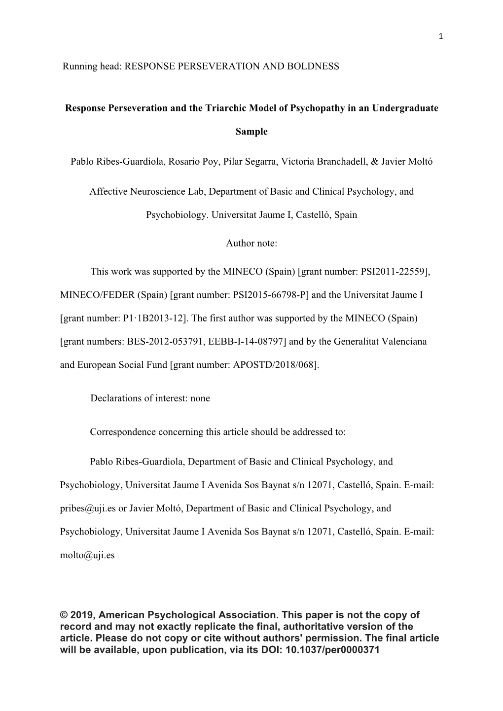 Response Perseveration and the Triarchic Model of Psychopathy in an Undergraduate