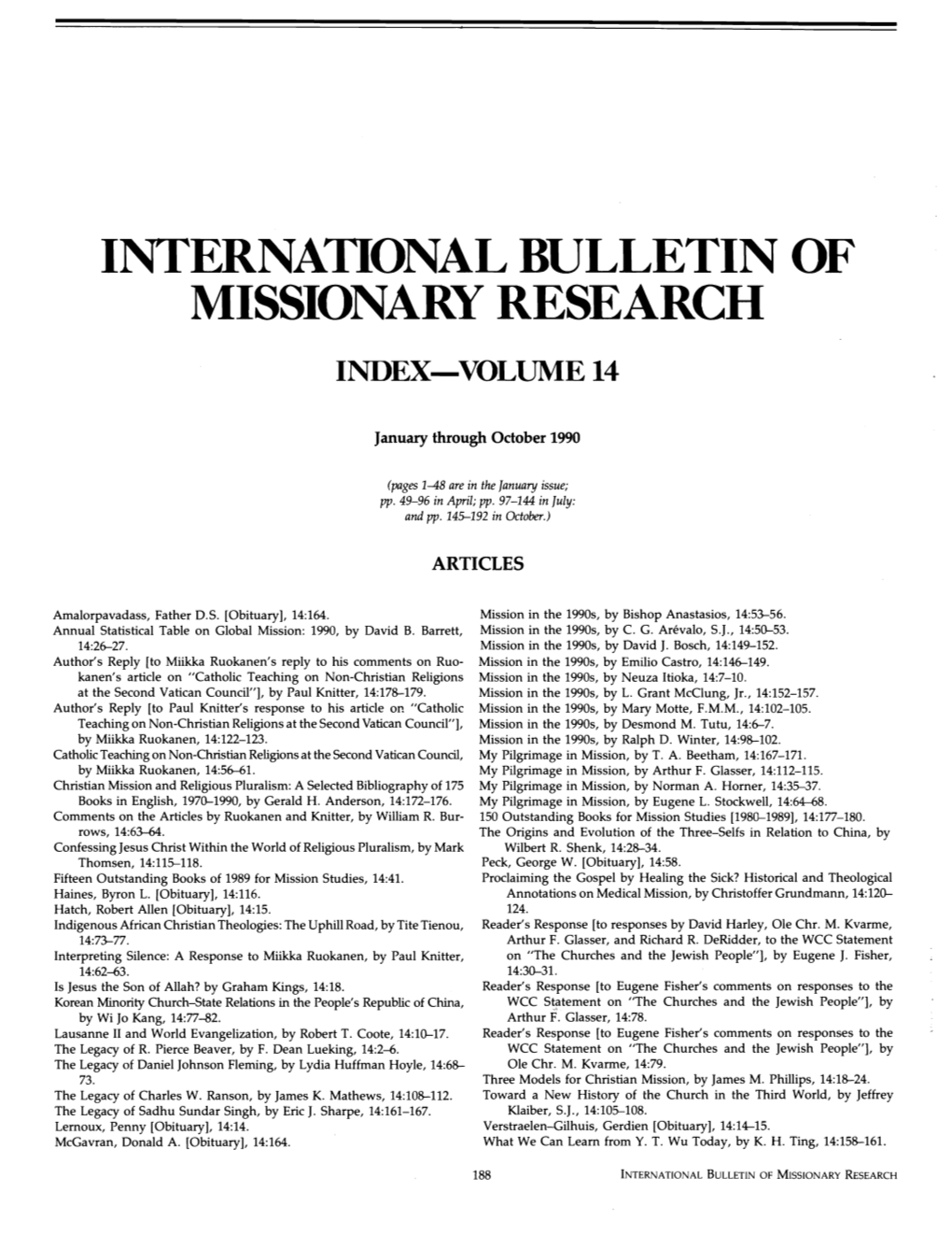 International Bulletin of Missionary Research Index-Volume 14