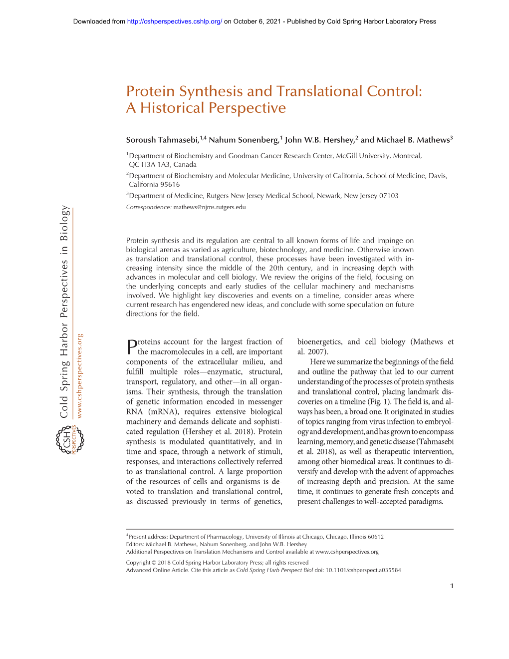 Protein Synthesis and Translational Control: a Historical Perspective