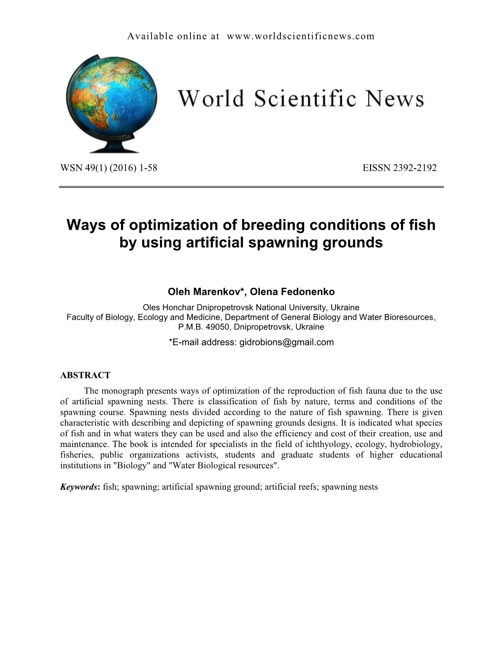 Ways of Optimization of Breeding Conditions of Fish by Using Artificial Spawning Grounds