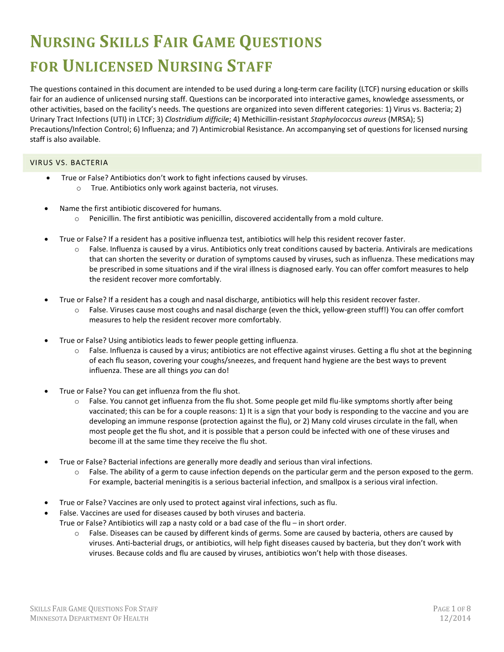 Nursing Skills Fair Game Questions for Unlicensed Nursing Staff