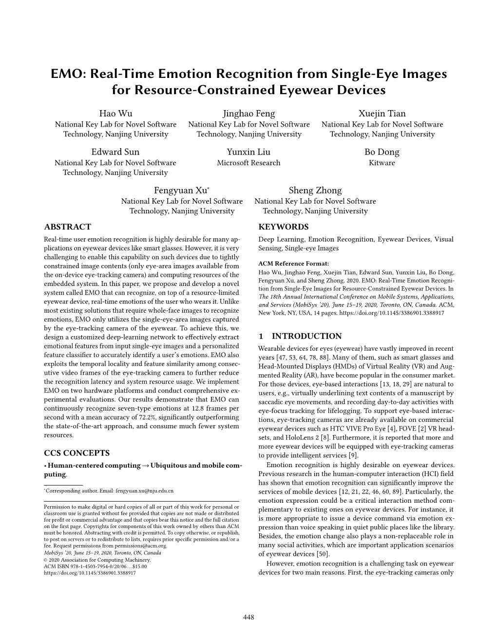 EMO: Real-Time Emotion Recognition from Single-Eye Images for Resource-Constrained Eyewear Devices